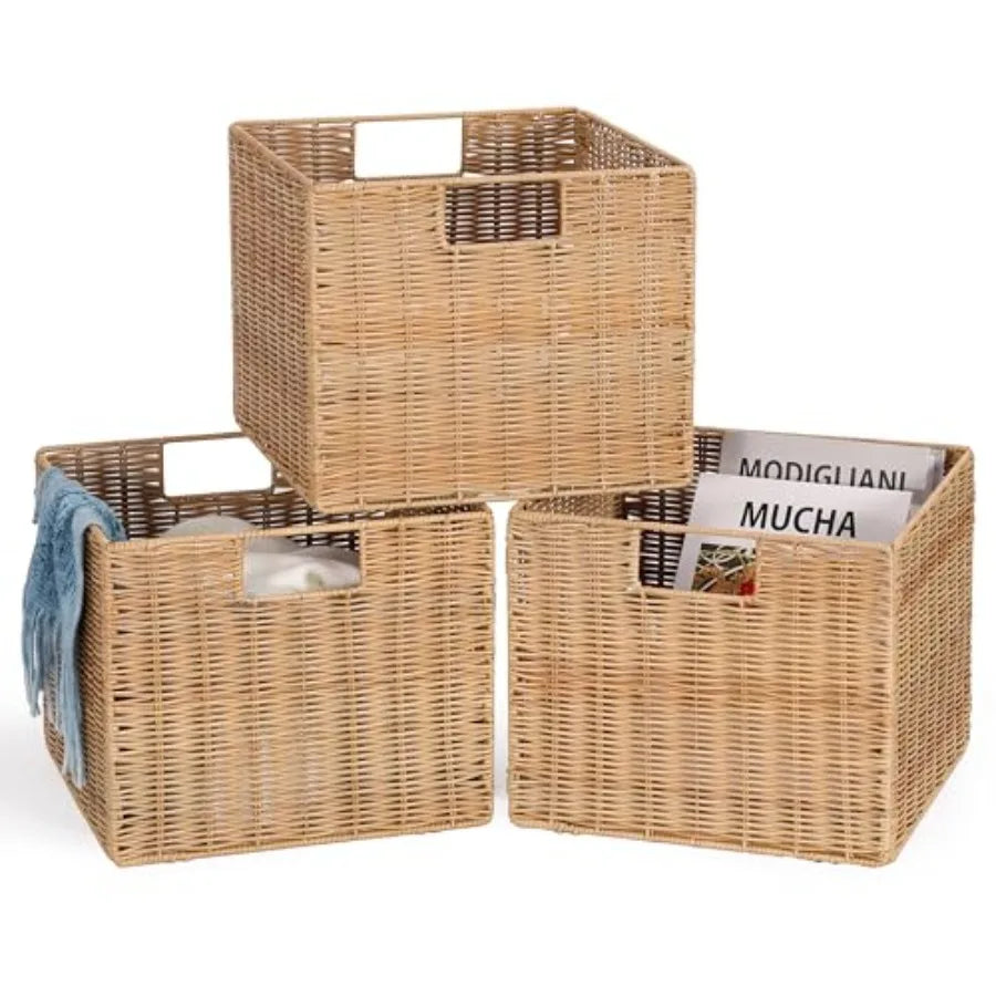 Plastic Wicker Storage Basket Collapsible Cube for Shelves