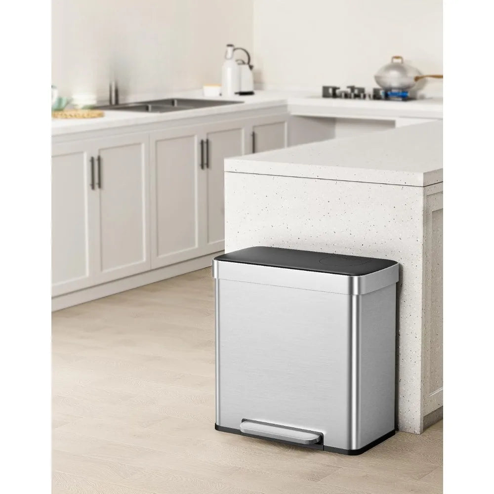 Kitchen Dual Compartment Trash And Recycle Bin With Stainless Steel