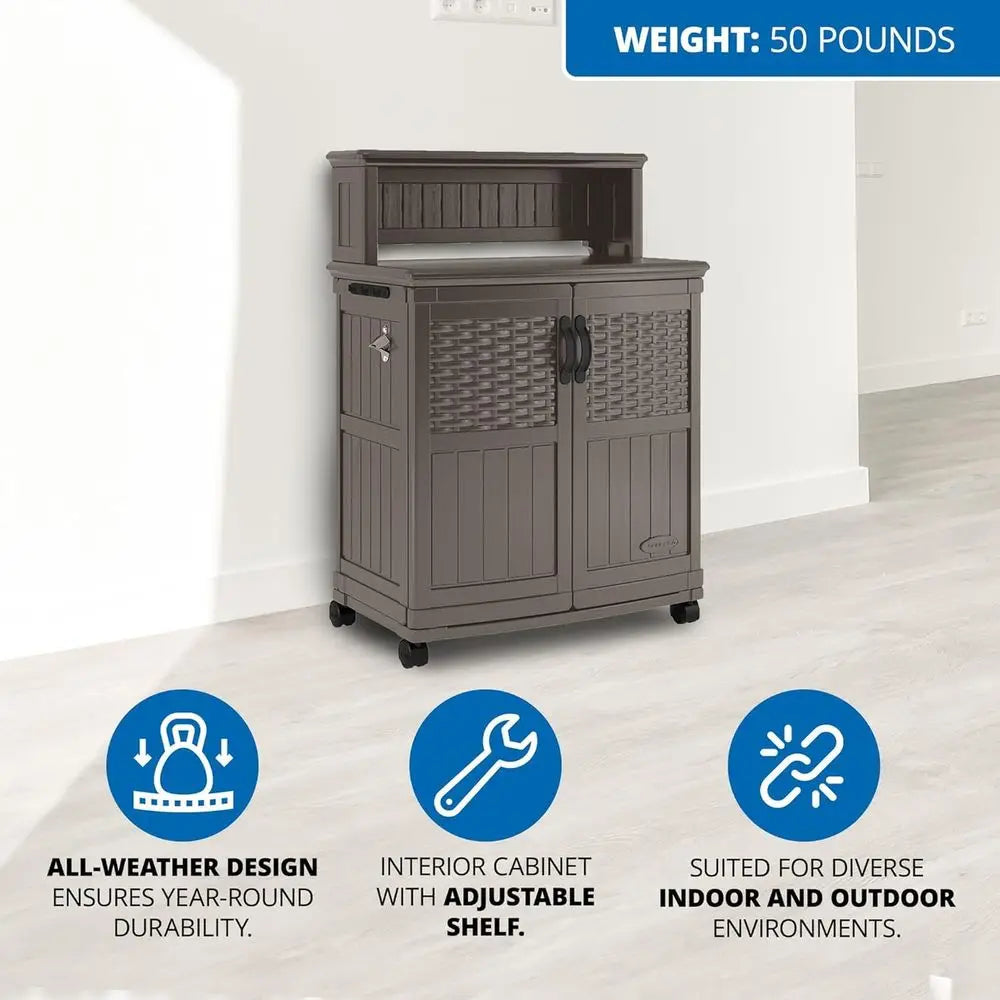 Patio Plastic Storage And Prep Station With Decorative Wicker Pattern
