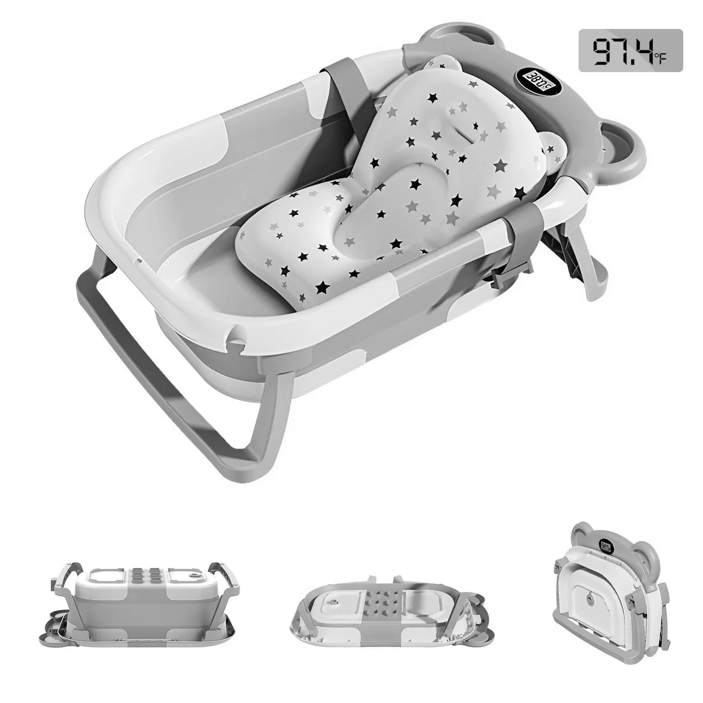 Portable Travel Collapsible Baby Bathtub with Thermometer and Cushion