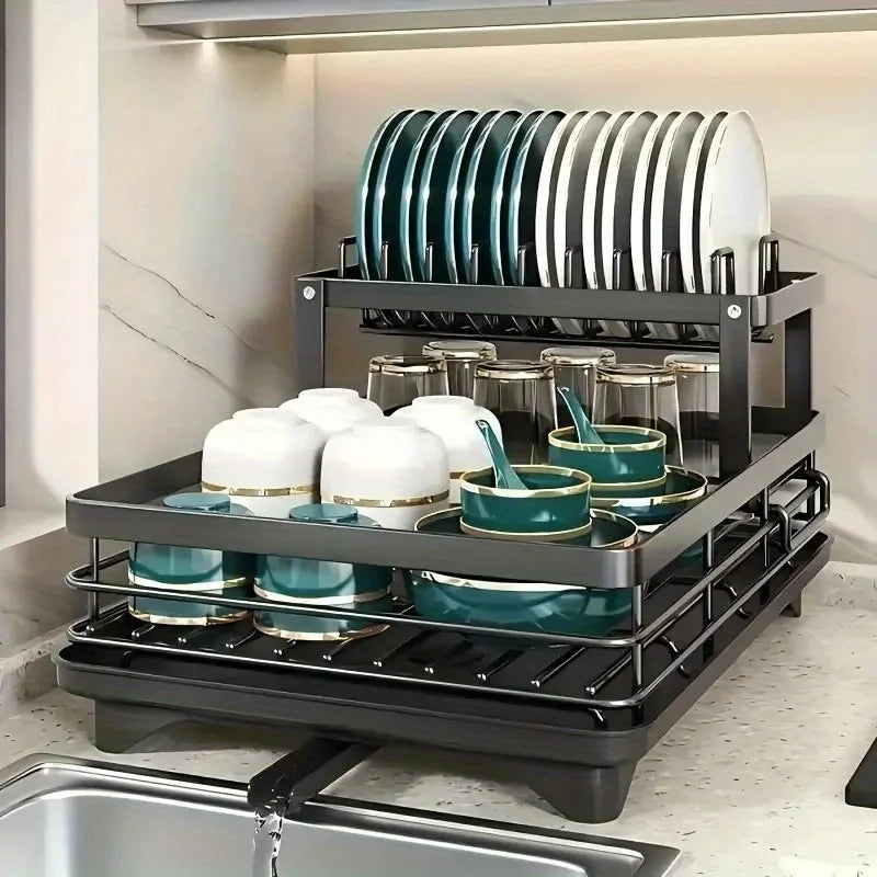 2-Tier Dish Drying Rack Rustproof With Utensil Holder And Cutting Board Stand