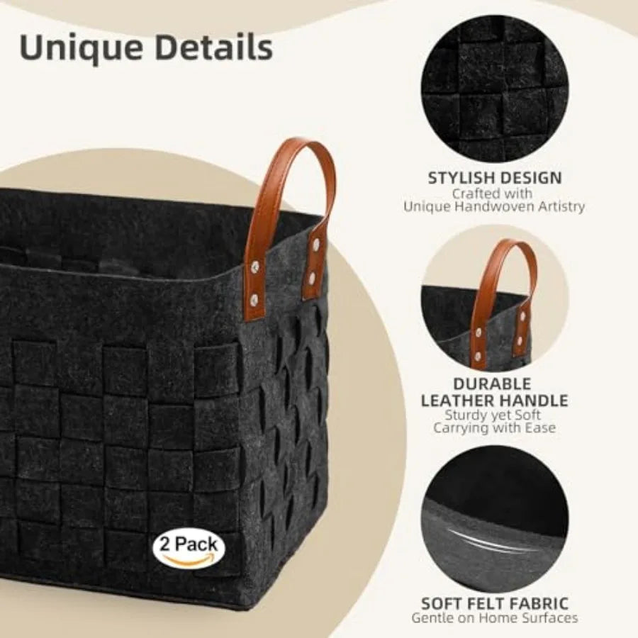 Felt Blanket Basket 2 Pack With Leather Handles
