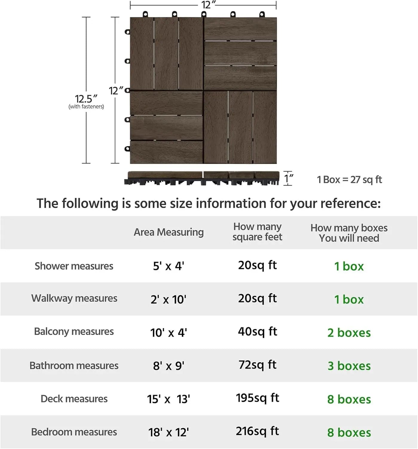 XMSJ Hardwood Interlocking Deck Tiles Acacia Waterproof Patio Flooring