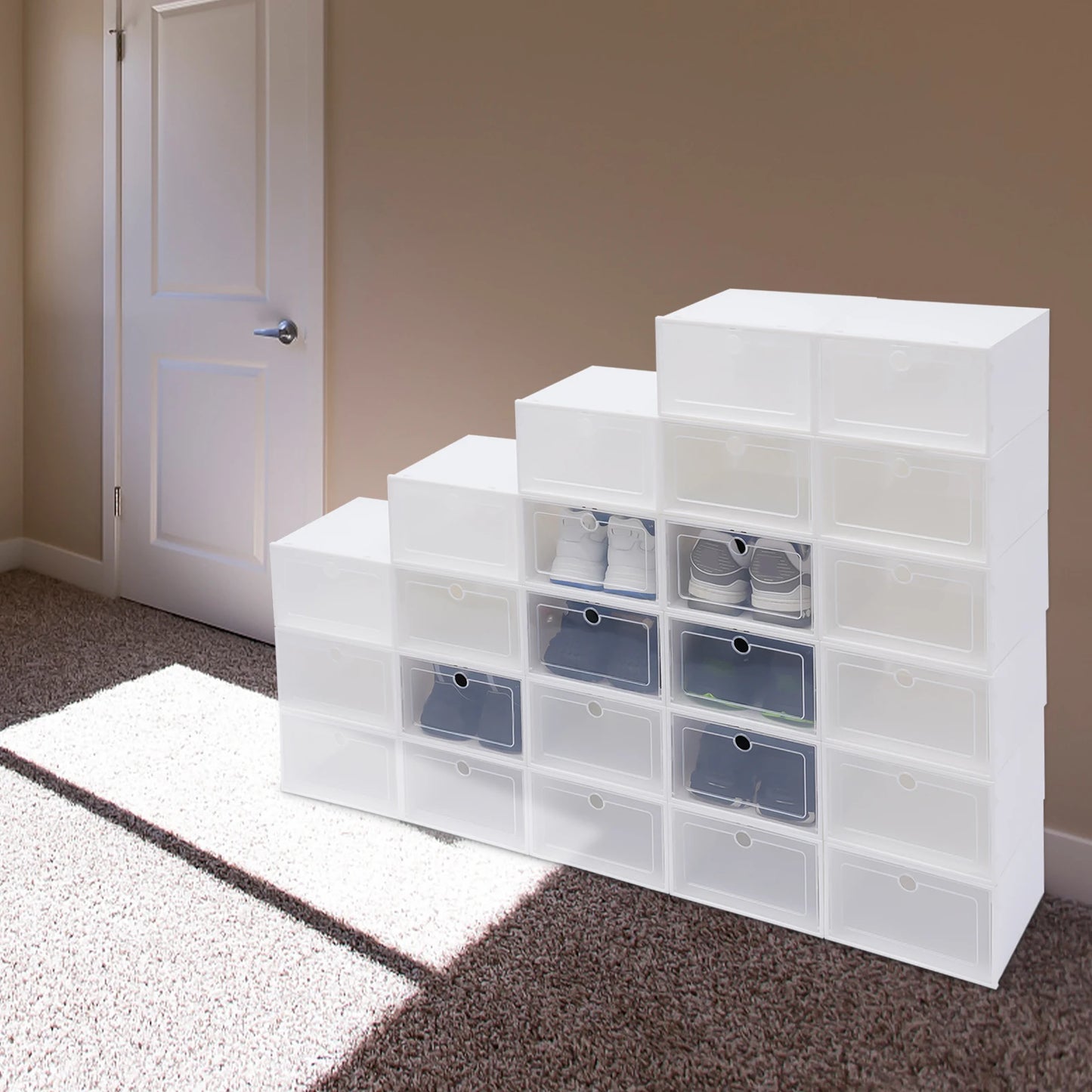 24 Pack Plastic Shoe Storage Boxes With Clear Lid Waterproof Foldable Organizer