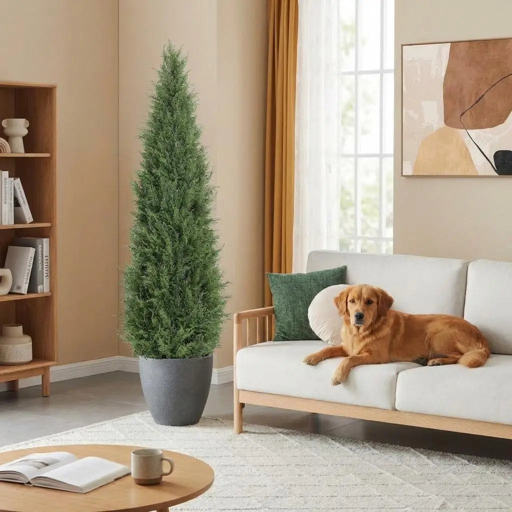 HiMISS Two Pack Artificial Cedar Topiary Trees Outdoors Indoors