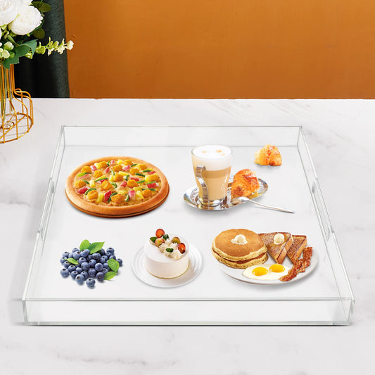 Transparent Acrylic Square Serving Tray With Handles For Dining Table