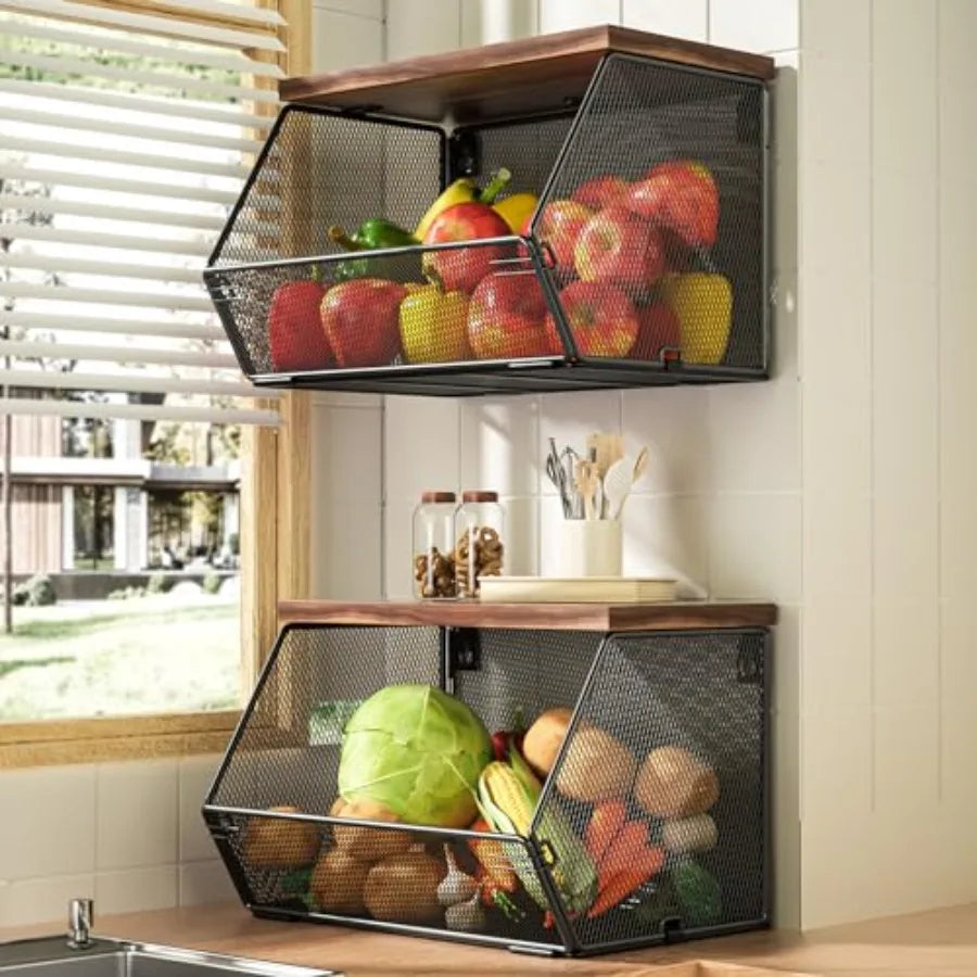 Stackable Fruit Basket With Wood Lid For Kitchen Countertop Storage