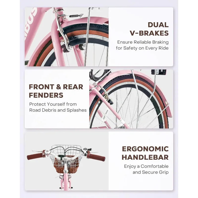 VIRIBUS Womens Cruiser Bike 7 Speed With Rattan Basket
