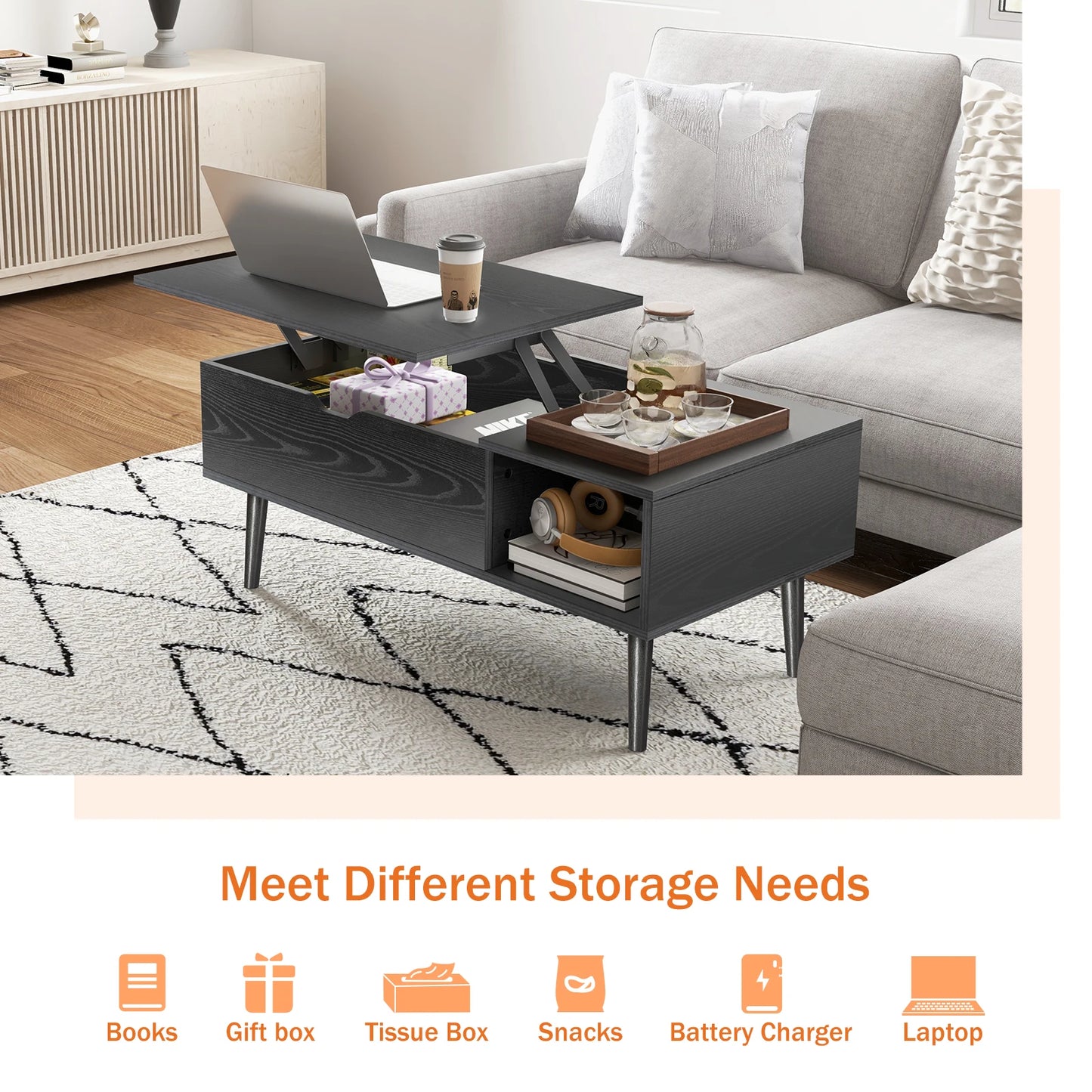 JHK Lift Top Coffee Table With Storage Shelf For Living Room Wood