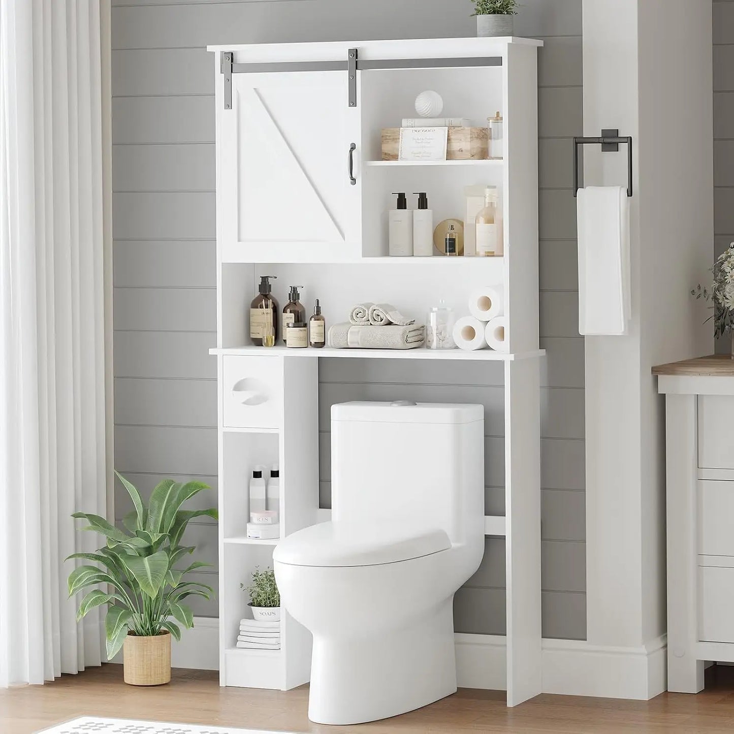 Over Toilet Cabinet With Sliding Barn Door And Paper Holder
