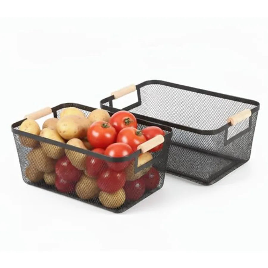 2-Pack Metal Mesh Baskets With Wood Handles Storage Organizer