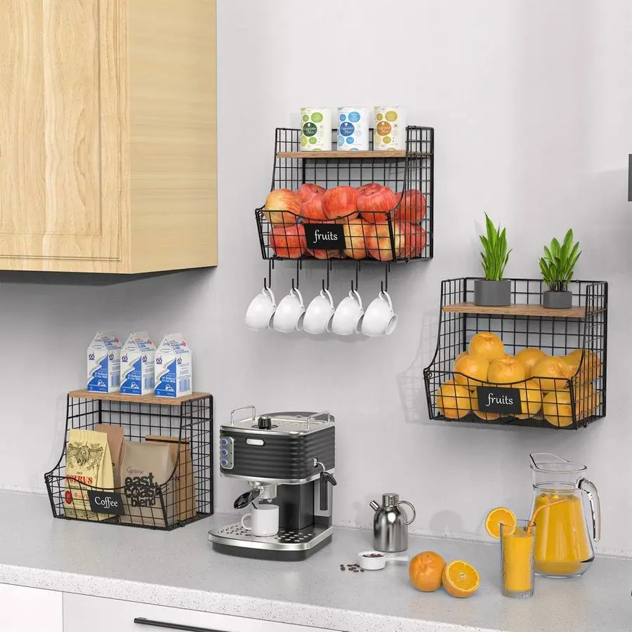 Fruit Basket With Wood Lid Wall Mounted Onion And Potato Storage Basket