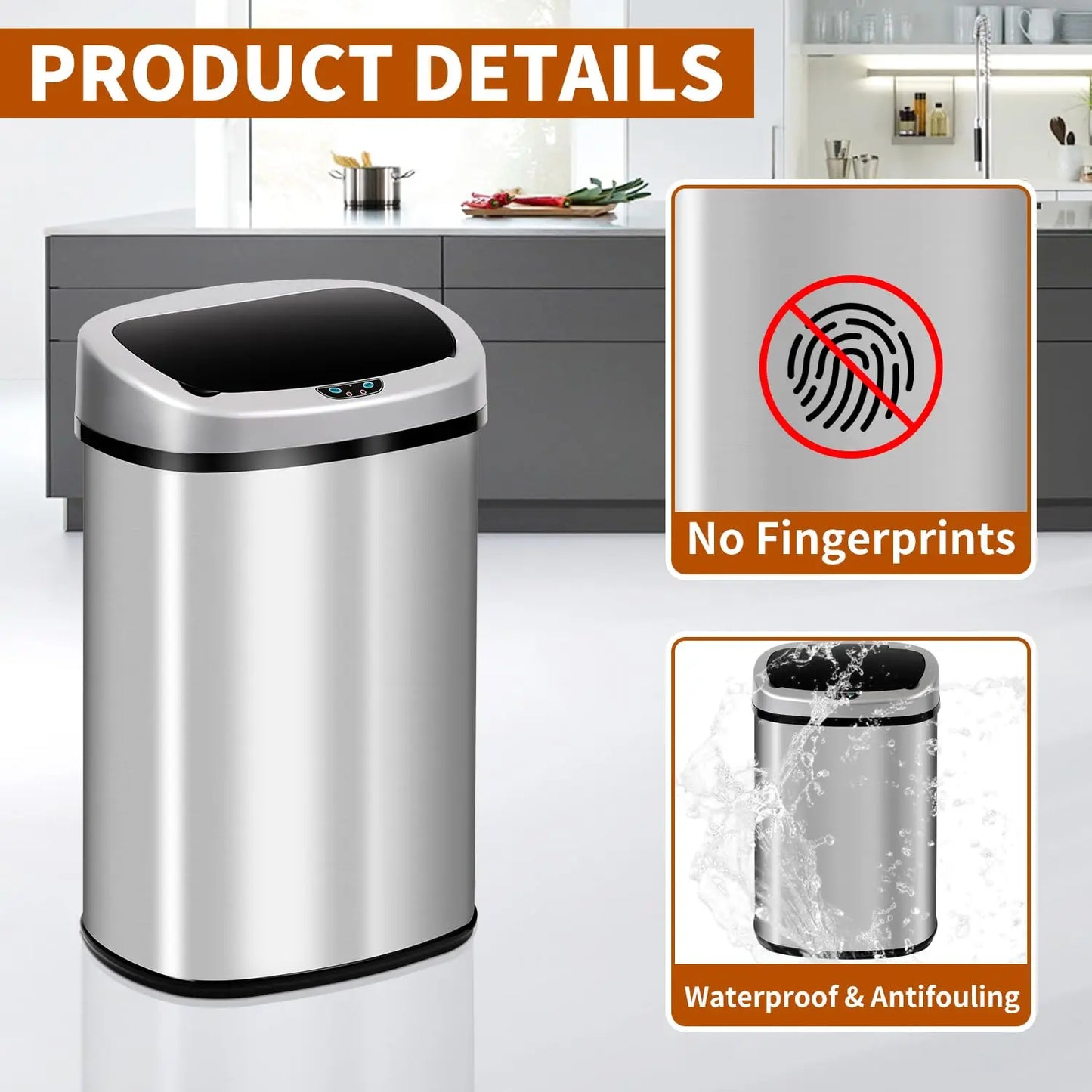 Stainless Steel Motion Sensor Trash Can With Touchless Operation