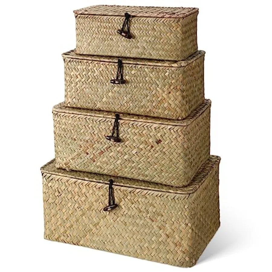 Wicker Baskets With Lids Natural Seagrass Storage Bins
