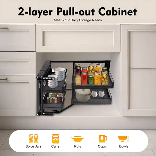 Two Tier Corner Cabinet Pull Out Organizer With Detachable Shelves