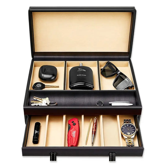 Mens Valet Tray And Jewelry Box Nightstand Organizer In Faux Leather