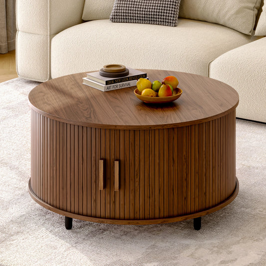 ONBRILL Modern Round Coffee Table With Storage And Sliding Door