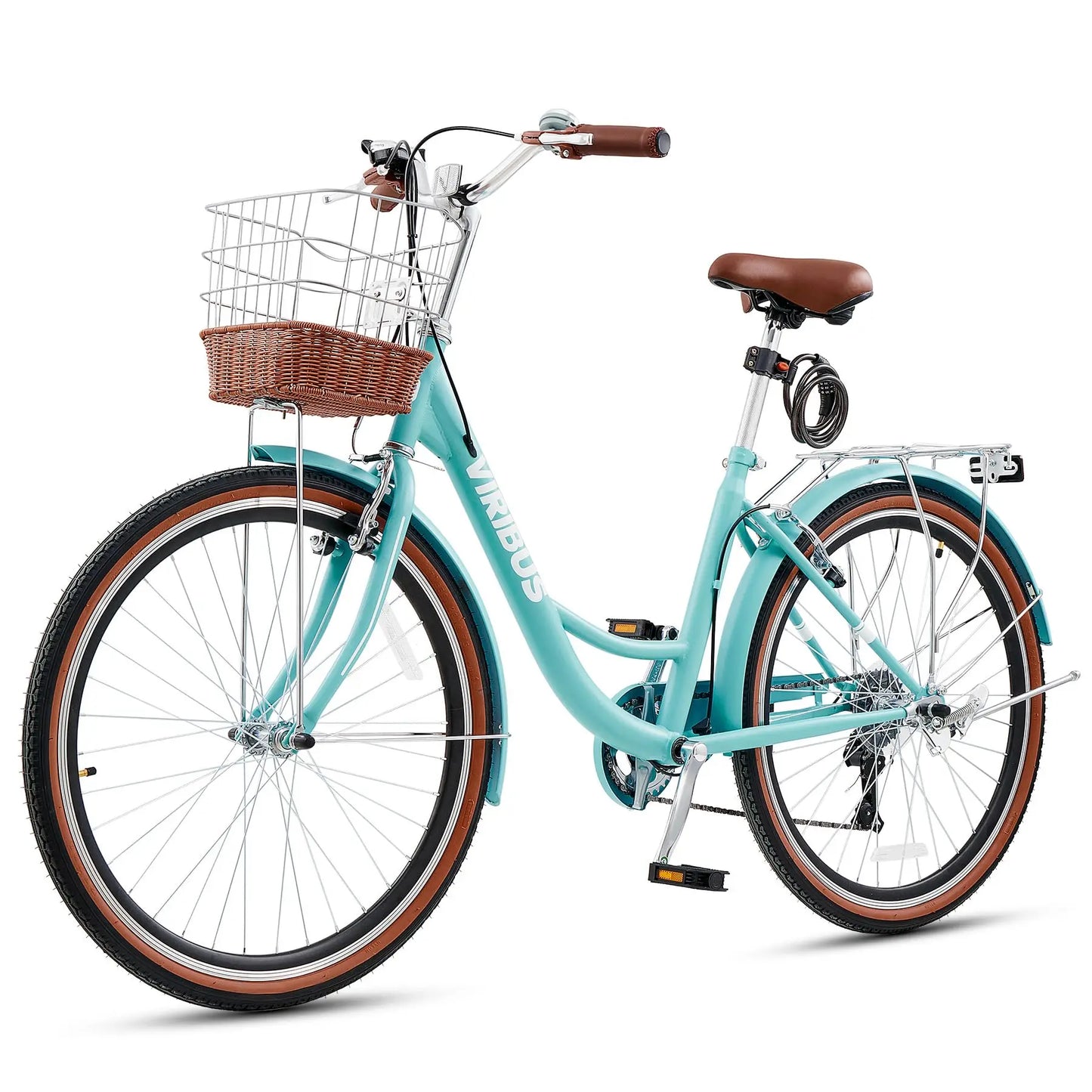 VIRIBUS Womens Cruiser Bike 7 Speed With Rattan Basket