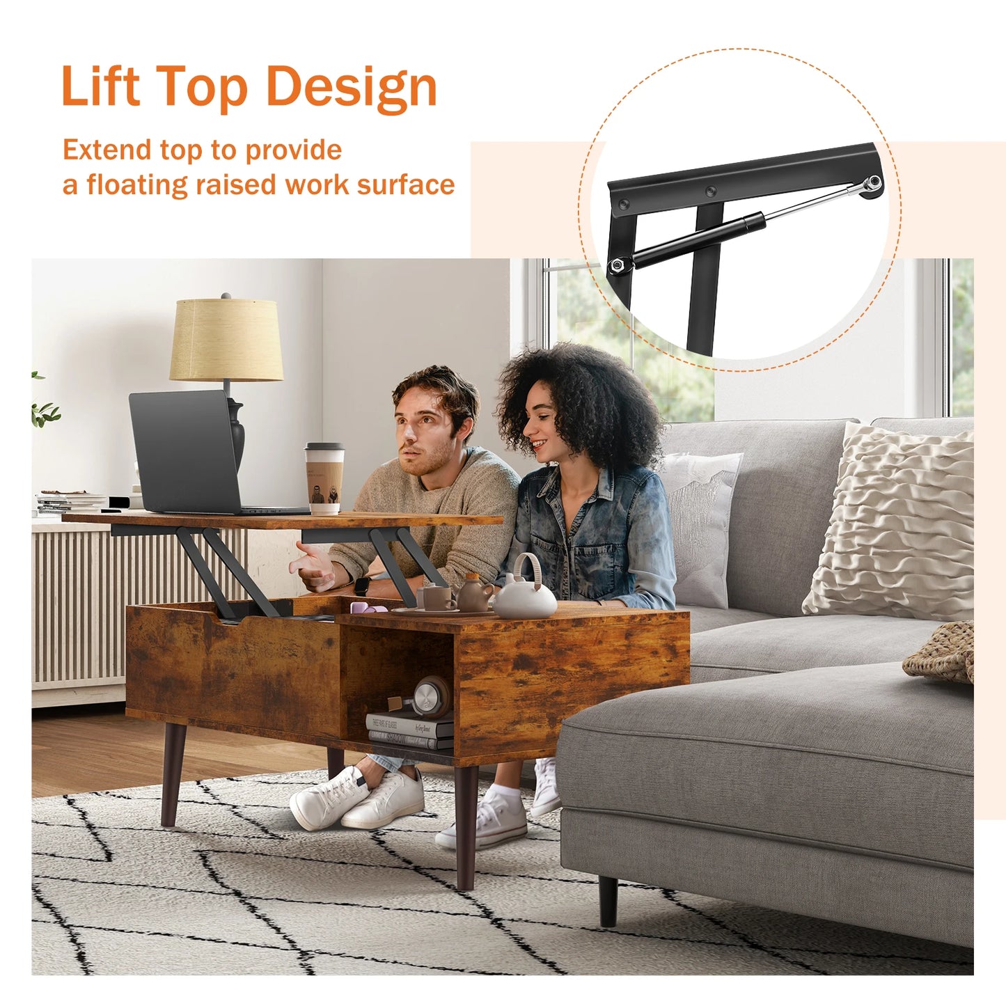 JHK Lift Top Coffee Table With Storage Shelf For Living Room Wood