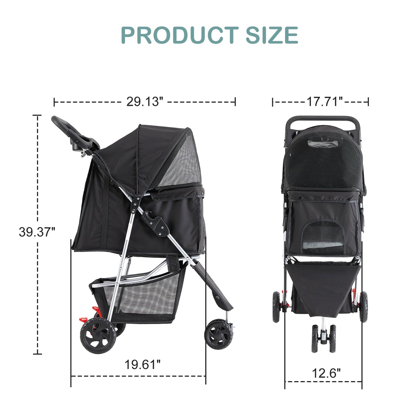 JHK 3-Wheel Foldable Pet Stroller Mesh Windows And Cup Holder