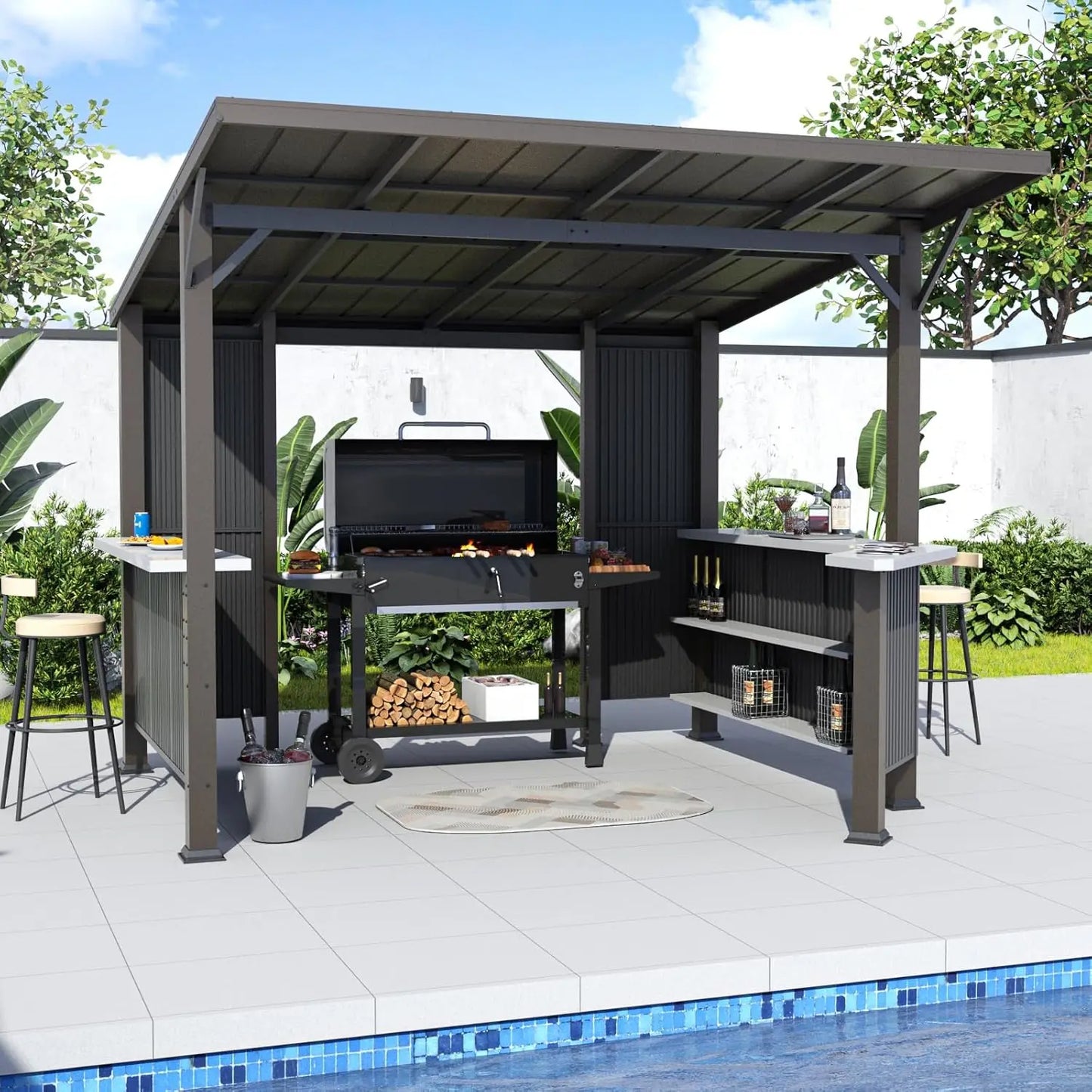 Hardtop Grill Gazebo With Storage Shelves And Expansion Platform
