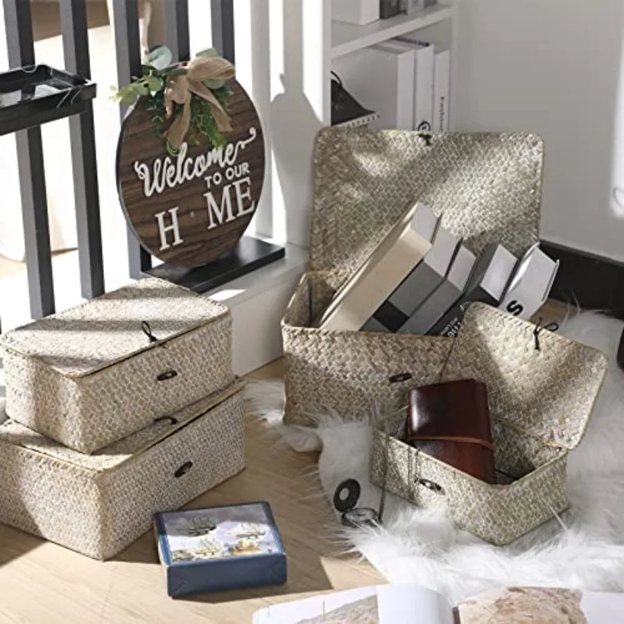 Wicker Baskets With Lids Natural Seagrass Storage Bins