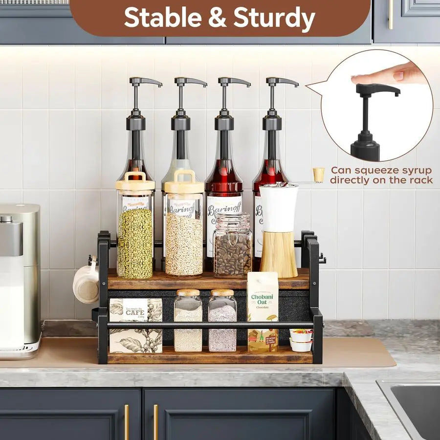 XMSJ Syrup Organizer Rack 2 Tier Coffee Bar Accessories Bottle Holder Drawer