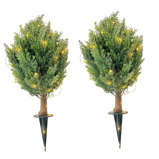 HiMISS Artificial Cedar Plants Faux Trees 2 Pack Outdoor Ground Spikes
