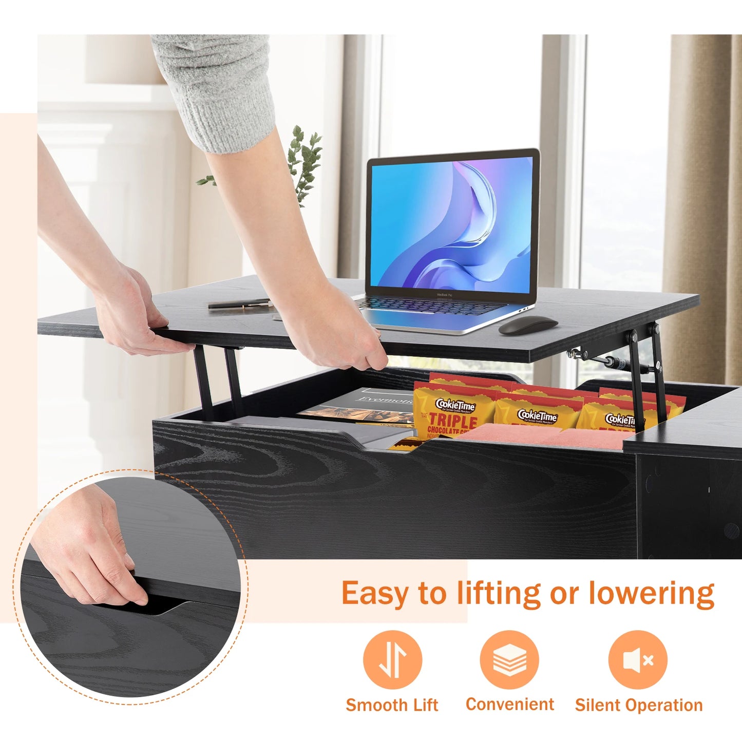 JHK Lift Top Coffee Table With Storage Shelf For Living Room Wood