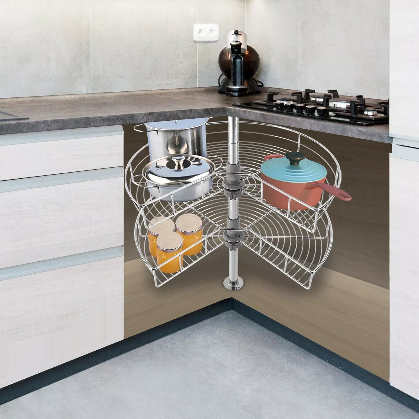 Iron Kitchen Corner Base Cabinet Organizer Rack With Lazy Susan