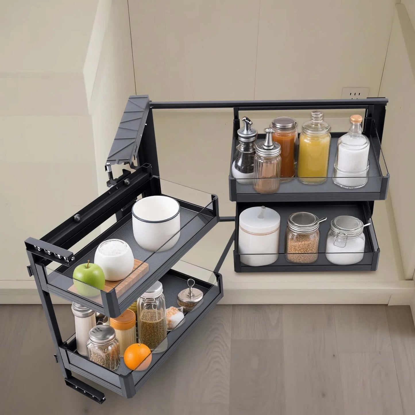 Two Tier Blind Corner Cabinet Pull Out Organizer With Detachable Shelves