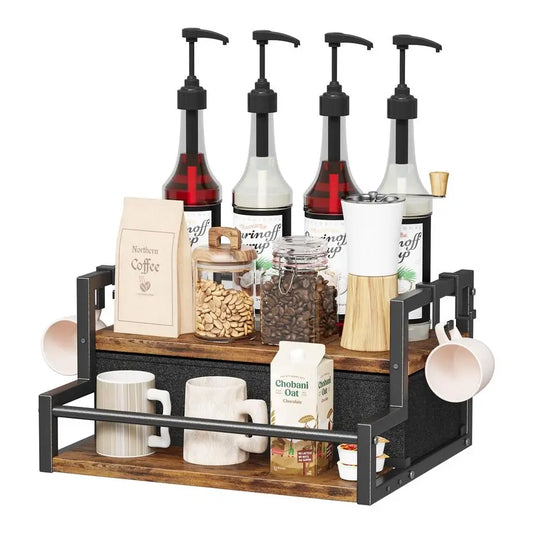 XMSJ Syrup Organizer Rack 2 Tier Coffee Bar Accessories Bottle Holder Drawer