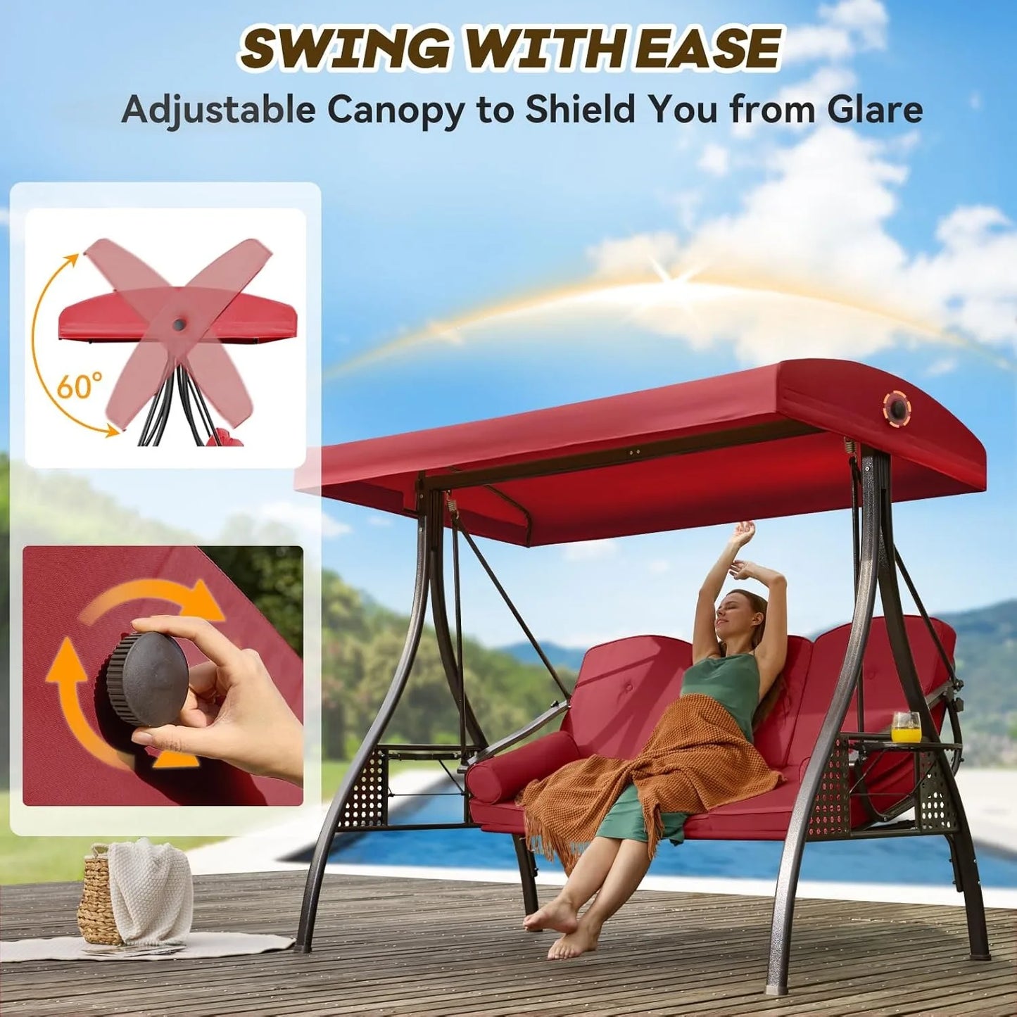 Three Seat Outdoor Patio Swing With Adjustable Canopy Cushions Cup Holders