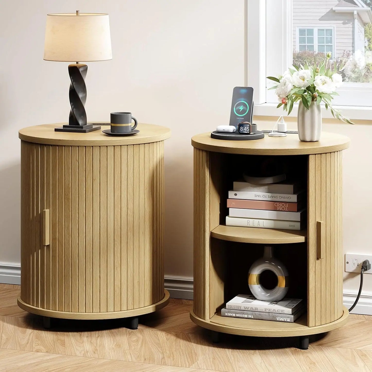 ONBRILL Fluted End Table Set Of 2 Mid Century Nightstands