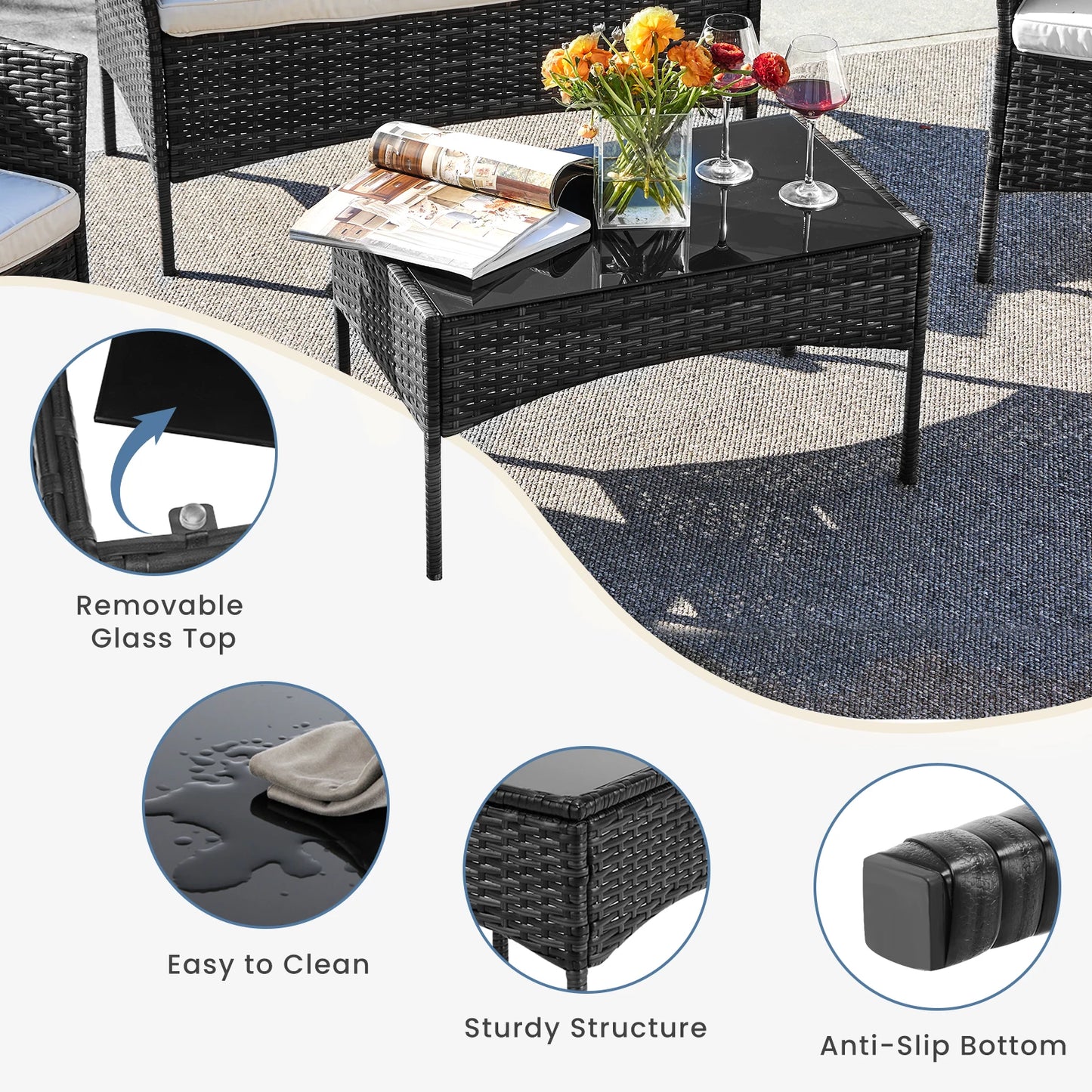 Outdoor Patio Furniture Set Rattan Wicker With Glass Table