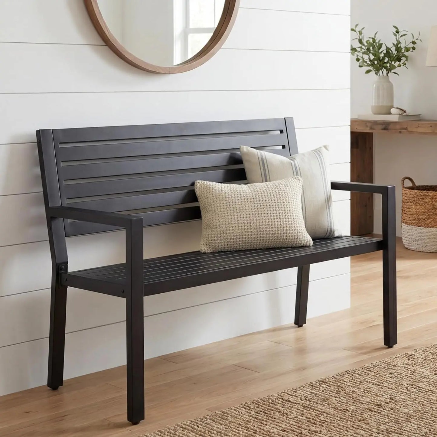 Alloy Steel Slatted Patio Garden Outdoor Bench With Armrests Weather Resistant