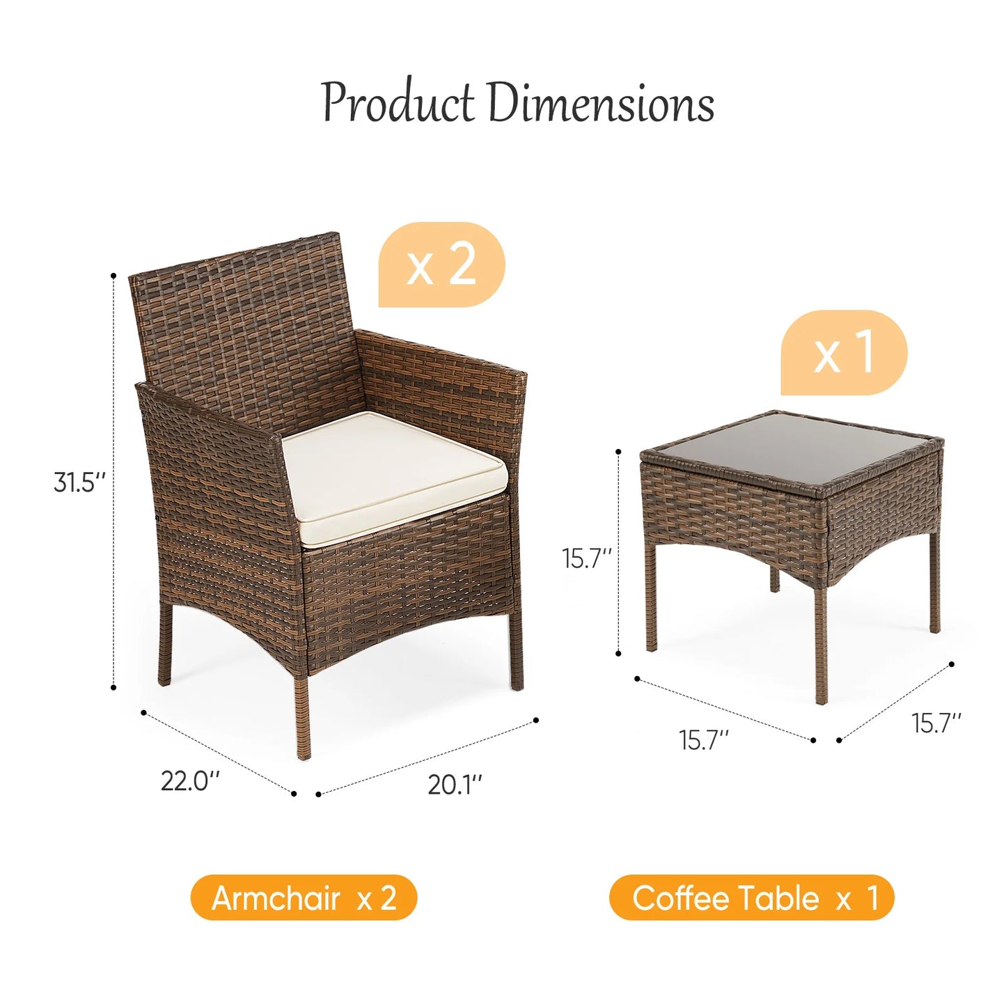 Outdoor Wicker Rattan Patio Set 3 Pieces With Glass Table