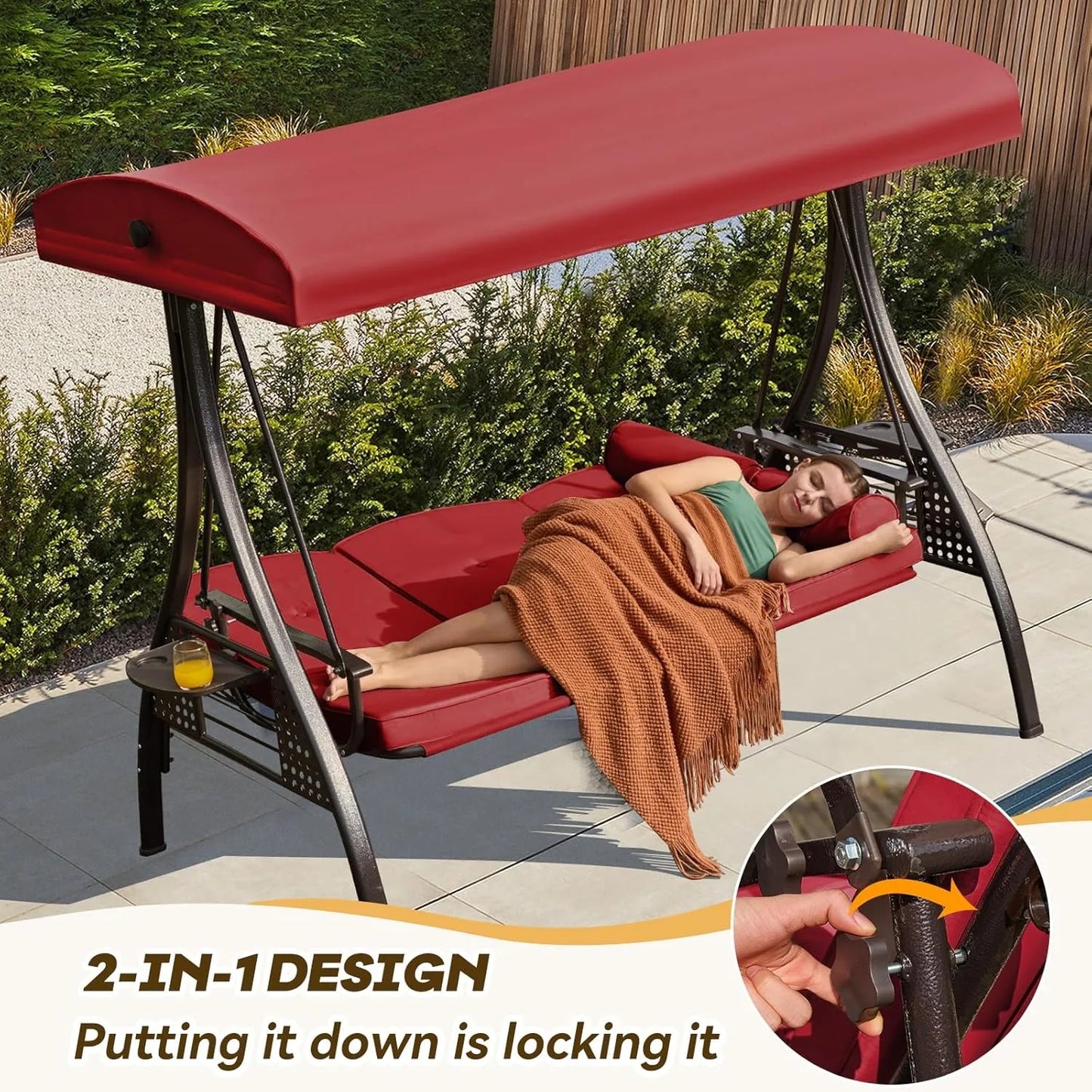 Three Seat Outdoor Patio Swing With Adjustable Canopy Cushions Cup Holders