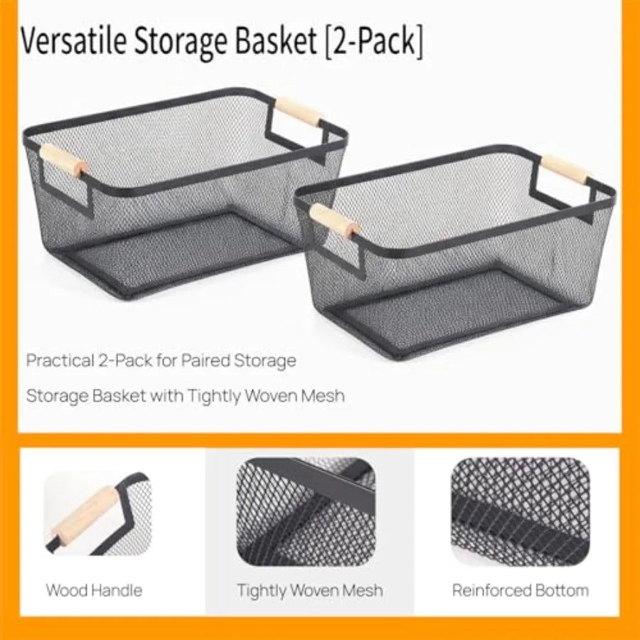 2-Pack Metal Mesh Baskets With Wood Handles Storage Organizer