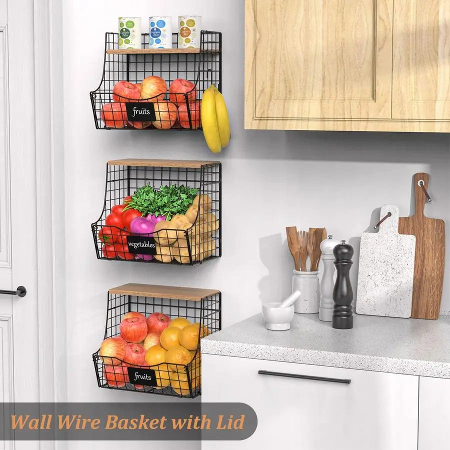 Fruit Basket With Wood Lid Wall Mounted Onion And Potato Storage Basket