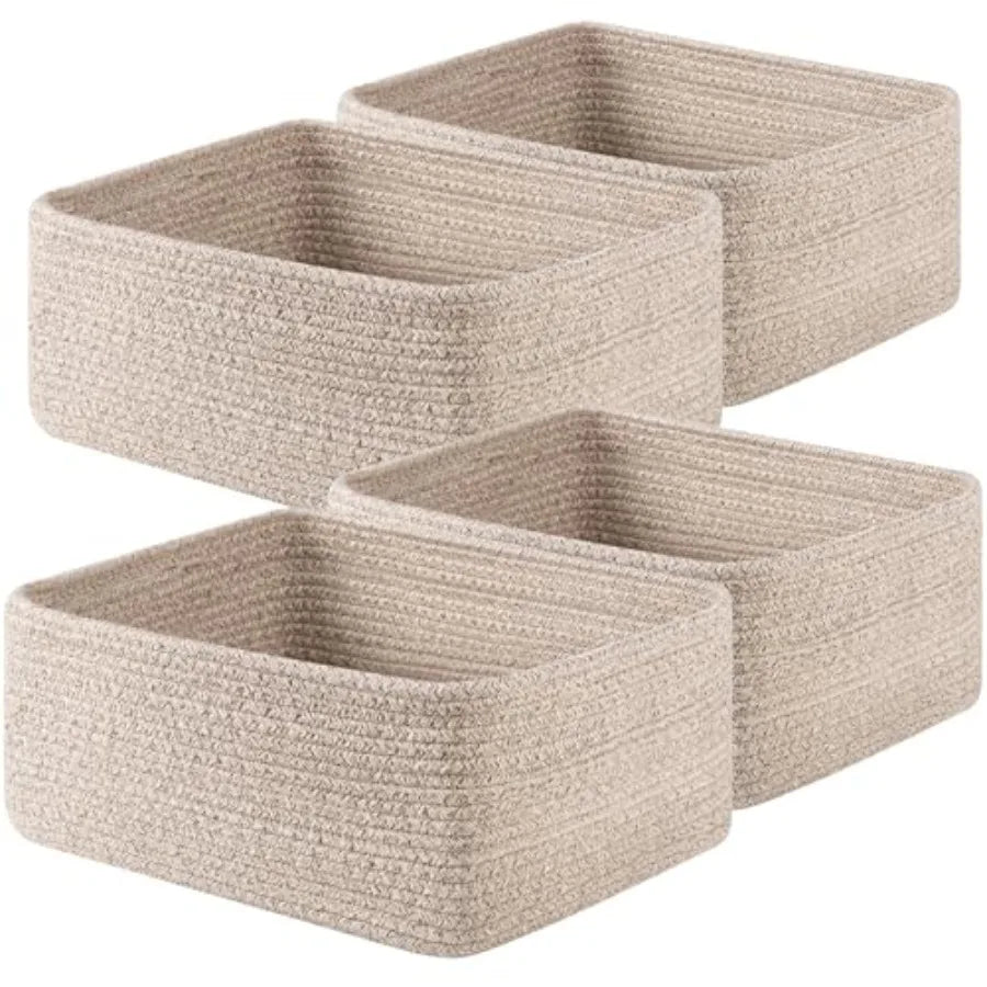4 Pack Bamboo Woven Rope Storage Baskets for Shelves