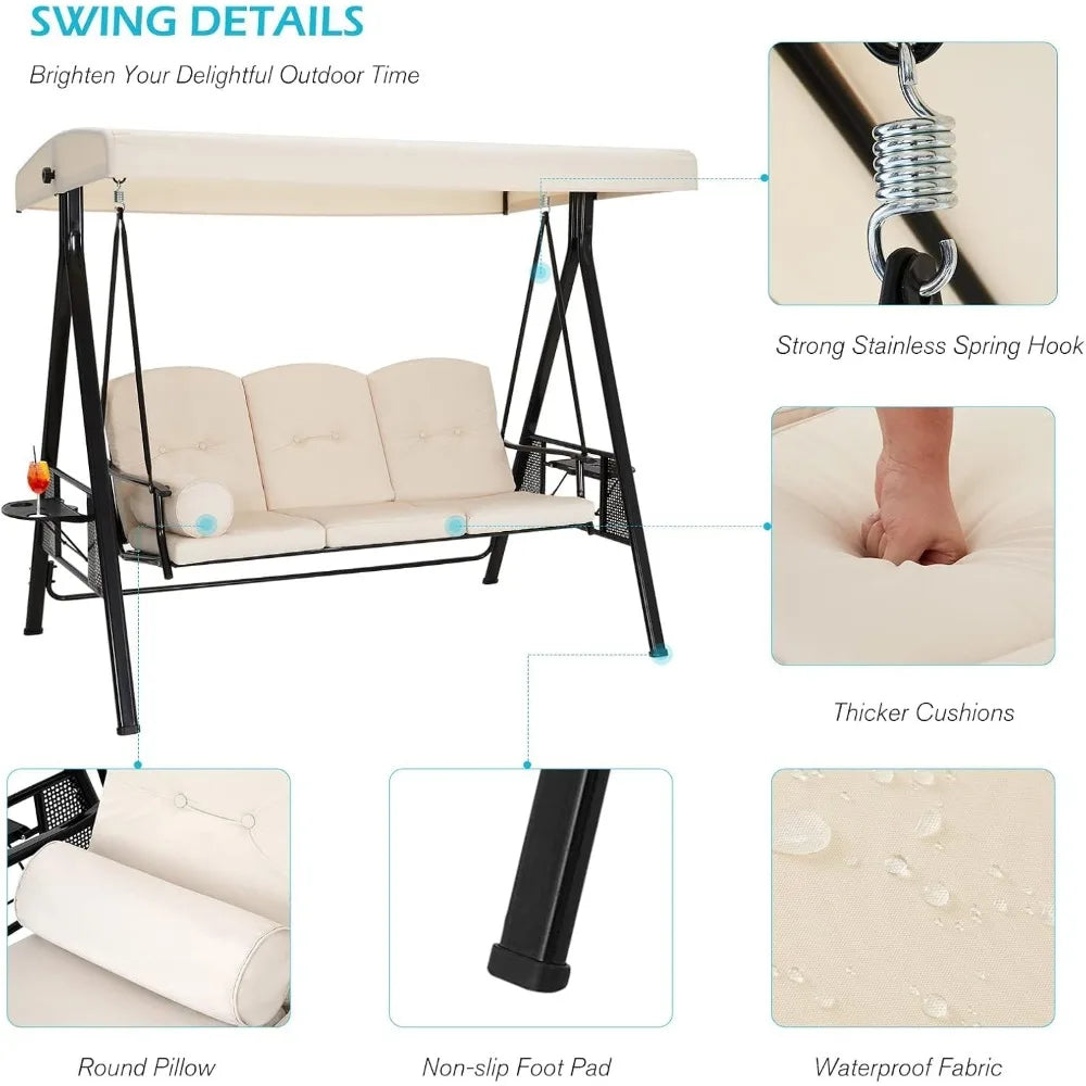 Outdoor Porch Swing With Adjustable Canopy For Patio Garden
