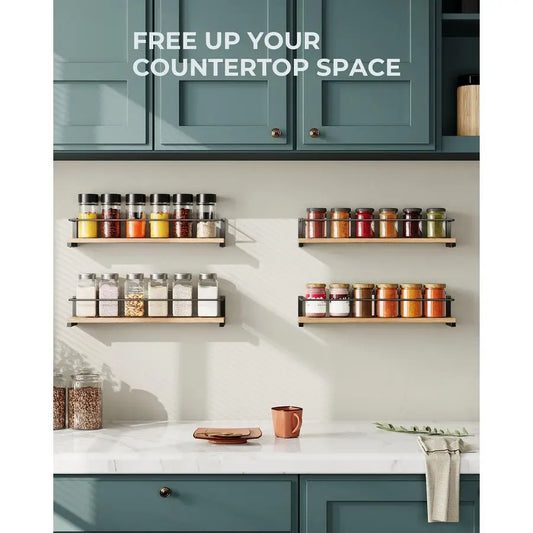 Rustic Wood Spice Rack Wall Mounted For Kitchen Storage 4 Pack