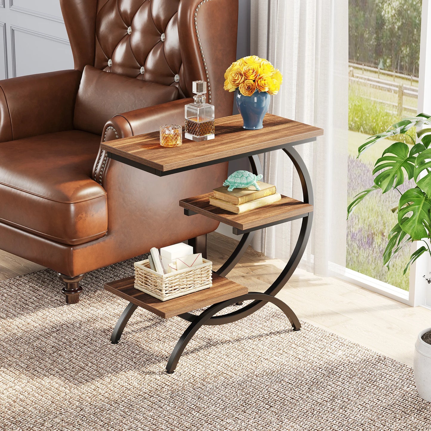 Tribesigns C Shaped End Table Industrial 3 Tier With Storage