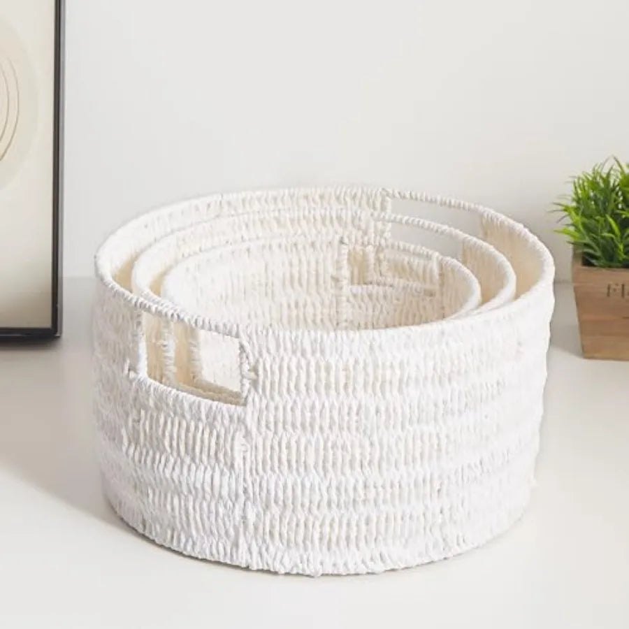 Wicker Storage Basket Set 3 Pack Handwoven Rope Baskets With Handles