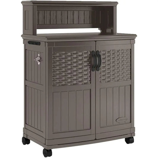 Patio Plastic Storage And Prep Station With Decorative Wicker Pattern