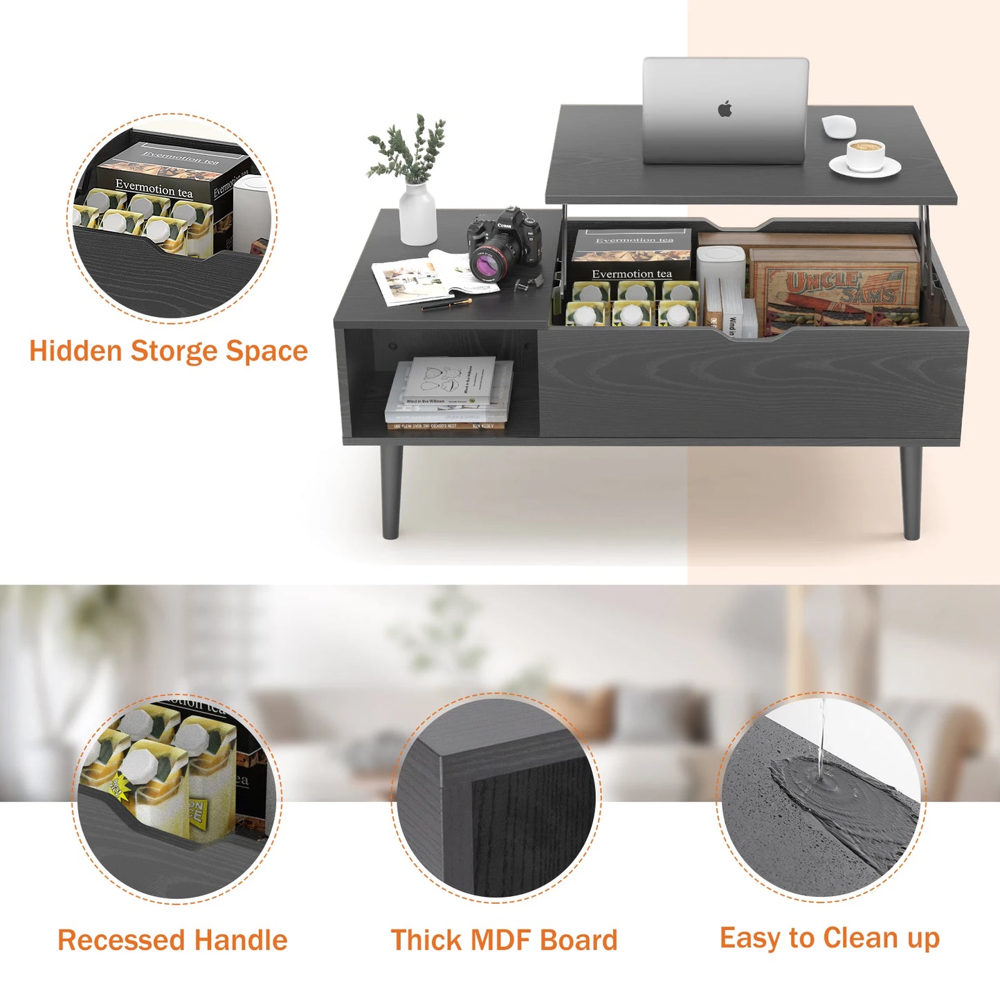 JHK Lift Top Coffee Table With Storage Shelf For Living Room Wood