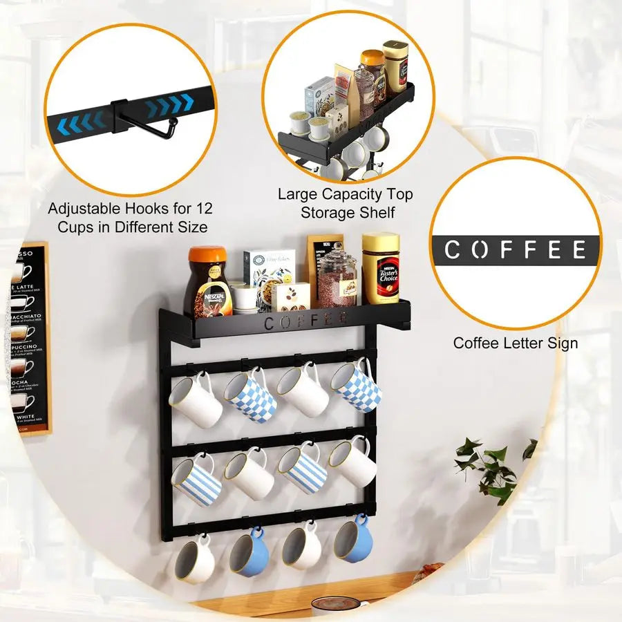 XMSJ Mug Holder Wall Mount With 12 Movable Hooks And Top Shelf