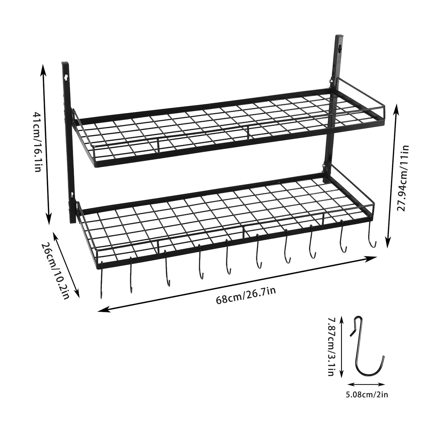 2-Tier Hanging Pot Rack Wall Mount With 10 Hooks Organizer