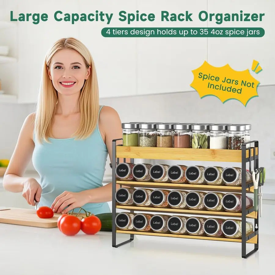 Bamboo Spice Rack Organizer For Kitchen Countertop 4 Tier With Hooks